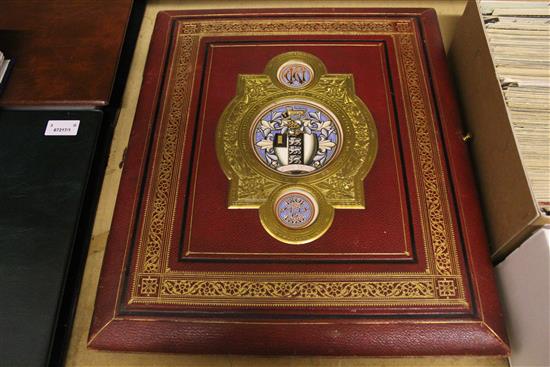 Illuminated laudatory document to William Keates Esq on the occasion of his 86th birthday...1887, red morocco binding with armorial